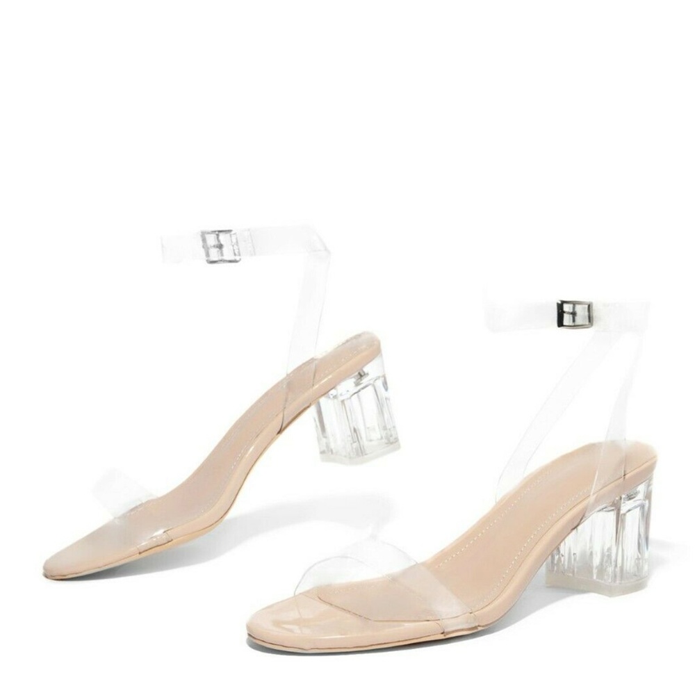 NEW🔥 Transparent Clear Nude Open Toe Lucite Low Block Heel Sandals Ankle Strap - Picture 6 of 8